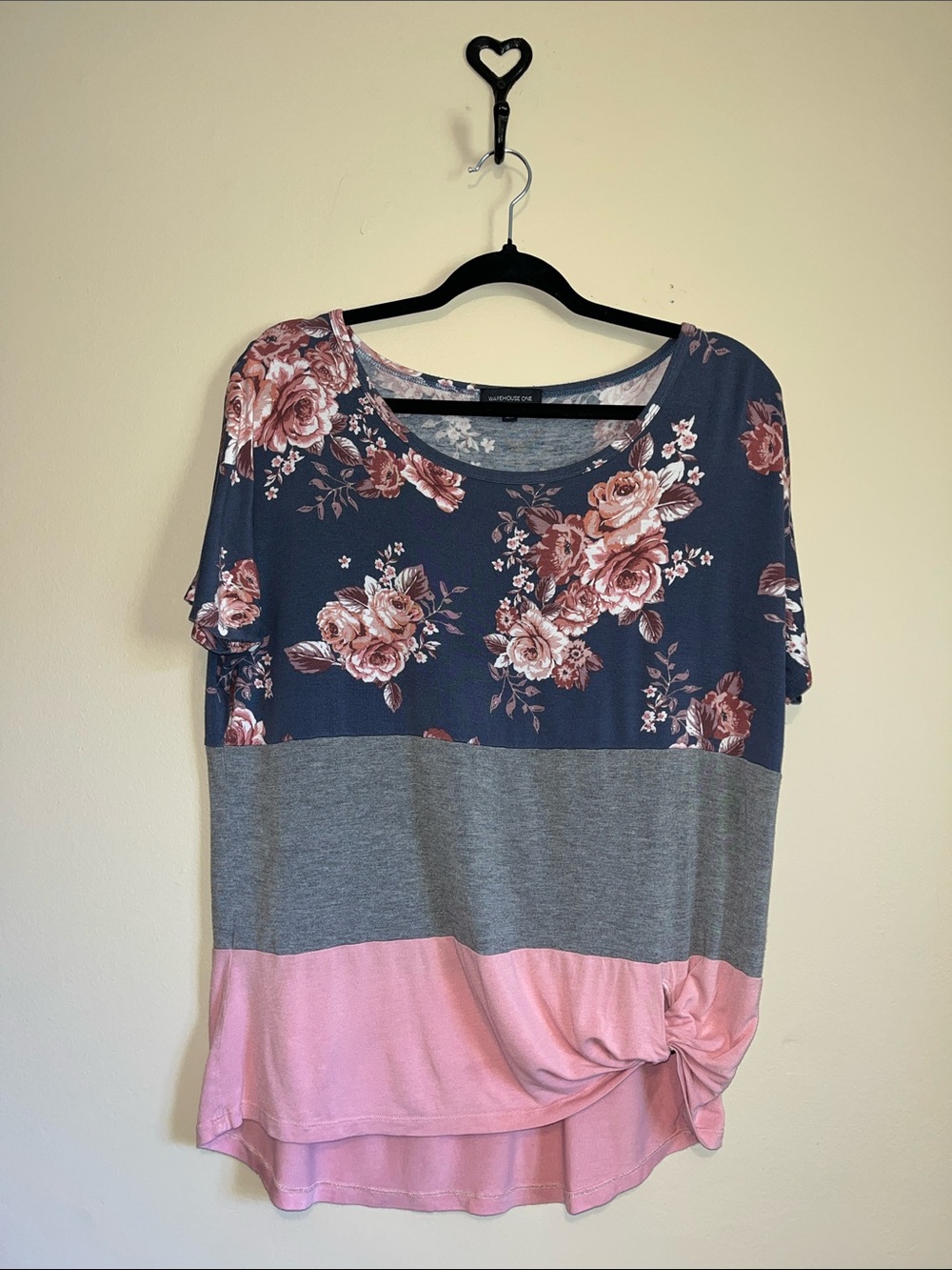 Warehouse Floral Colorblock Short Sleeve Top - Navy, Gray & Pink